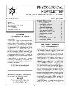 PHYCOLOGICAL NEWSLETTER A PUBLICATION OF THE PHYCOLOGICAL SOCIETY OF AMERICA Volume 37 Number 1