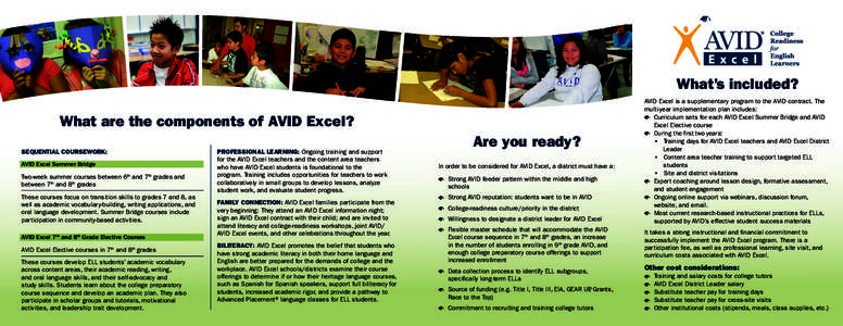 What’s included? What are the components of AVID Excel? SEQUENTIAL COURSEWORK: AVID Excel Summer Bridge Two-week summer courses between 6 and 7 grades and between 7th and 8th grades