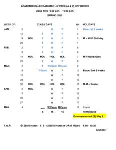 ACADEMIC CALENDAR GRID - 8 WEEK (A & Z) OFFERINGS Class Time 6:00 p.m. - 10:20 p.m. SPRING 2015 WEEK OF: JAN.