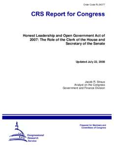 Honest Leadership and Open Government Act of 2007: The Role of the Clerk of the House and Secretary of the Senate