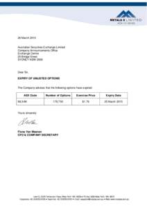 Australian Securities Exchange / Economy of New South Wales / Security / SEC filings / Warrant / Regulation S-K / Form 144 / Financial economics / Investment / Finance