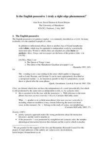 Is the English possessive ’s truly a right edge phenomenon?* Alan Scott, David Denison & Kersti Börjars The University of Manchester