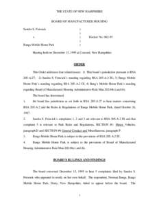 THE STATE OF NEW HAMPSHIRE BOARD OF MANUFACTURED HOUSING Sandra S. Fenwick v. Bangs Mobile Home Park