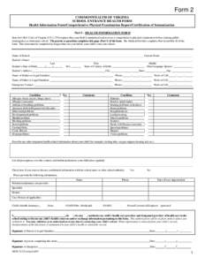 Commonwealth of Virginia School Entrance Health Form