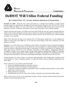 Delaware Department of Transportation Commentary  DelDOT Will Utilize Federal Funding