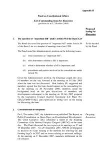 Appendix II Panel on Constitutional Affairs List of outstanding items for discussion (position as at 12 October[removed]Proposed timing for