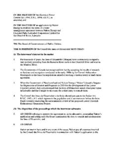 IN THE MATTER OF the Electrical Power Control Act, 1994, S.N.L. 1994, c.E-5.1, as amended; and IN THE MATTER OF an application by Nalcor