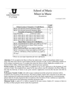 School of Music Minor in Music Requirements revised April 9, 2013  Private Lessons (3 Semesters, 3 Credit Hours)