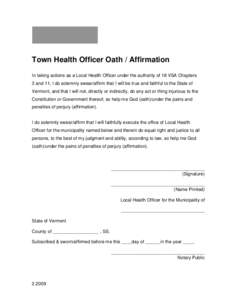 Vermont Town Health Officer Oath/Affirmation Form