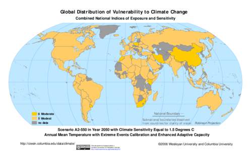 Global Distribution of Vulnerability to Climate Change Combined National Indices of Exposure and Sensitivity National Boundary  6 Moderate