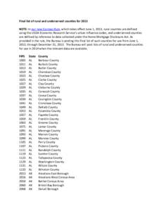 Final list of rural and underserved counties for 2013 NOTE: In our new Escrows Rule, which takes effect June 1, 2013, rural counties are defined using the USDA Economic Research Service’s urban influence codes, and und