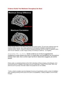 Evidence Builds That Meditation Strengthens the Brain  Cortical Surface Shown is the lateral view of the right cortical surface. The red circle indicates where the maximum effect occurred. Top: Larger gyrification in 50 