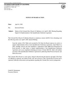 STATE OF CALIFORNIA – THE RESOURCES AGENCY  GRAY DAVIS, Governor COLORADO RIVER BOARD OF CALIFORNIA 770 FAIRMONT AVENUE, SUITE 100