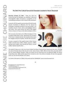 COMPAGNIE MARIE CHOUINARD PRESS RELEASE For immediate release