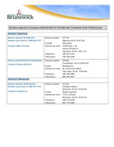   Bureaux régionaux et bureaux administratifs du ministère des Transports et de l’Infrastructure District 1 Bathurst Bureau régional de Bathurst Numéro sans frais # [removed]Contact: Mario Cormier