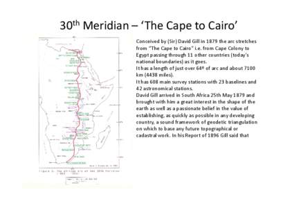30th Meridian – ‘The Cape to Cairo’ Conceived by (Sir) David Gill in 1879 the arc stretches from “The Cape to Cairo” i.e. from Cape Colony to Egypt passing through 11 other countries (today’s national boundar