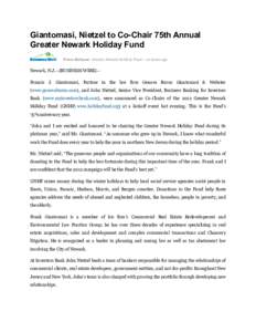 Giantomasi, Nietzel to Co-Chair 75th Annual Greater Newark Holiday Fund Press Release: Greater Newark Holiday Fund – 21 hours ago Newark, N.J.--(BUSINESS WIRE)-Francis J. Giantomasi, Partner in the law firm Genova Burn