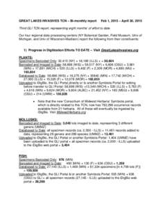 GREAT LAKES INVASIVES TCN – Bi-monthly report  Feb 1, 2015 – April 30, 2015 Third GLI TCN report, representing eight months’ of effort to date. Our four regional data processing centers (NY Botanical Garden, Field 