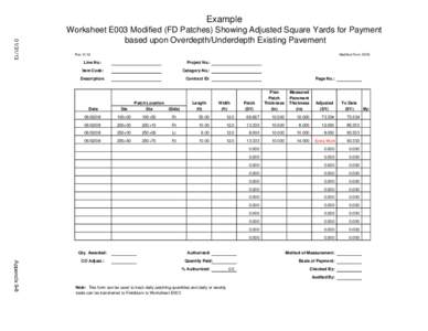 Example[removed]Worksheet E003 Modified (FD Patches) Showing Adjusted Square Yards for Payment based upon Overdepth/Underdepth Existing Pavement Rev 11/12