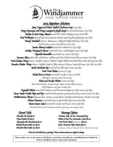 2014 Appetizer Selections Spicy Veggie and Cheese Stuffed Mushroom Caps (40) $75 Crispy Asparagus with Asiago wrapped in phyllo dough served with béarnaise (20) $50 Chicken & Beef Satay Skewers served with Peanut Dippin