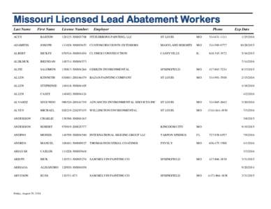 Missouri Licensed Lead Abatement Workers Last Name First Name  License Number: