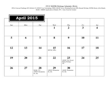 FY15 WDTB Webinar Schedule (Web) FCD= Forecast Challenge (FC) Debrief; C=AWOC Core Teletraining; SWD=AWOC Severe Warning Decision; HW=Hazard Webinar, SOTM=Storm of the Month, MAM = MRMS Application of Month, TFT = Tales 