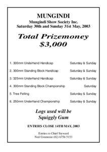 MUNGINDI Mungindi Show Society Inc. Saturday 30th and Sunday 31st May, 2003 Total Prizemoney $3,000