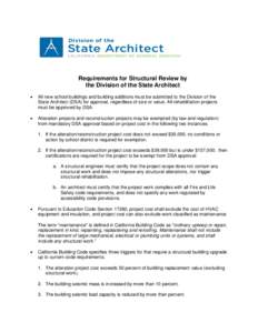 Requirements for Structural Review by the Division of the State Architect  All new school buildings and building additions must be submitted to the Division of the State Architect (DSA) for approval, regardless of siz