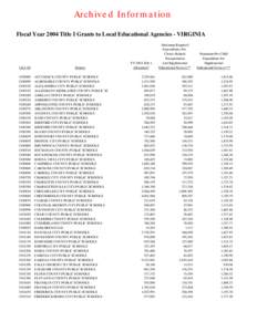 Archived Information Fiscal Year 2004 Title I Grants to Local Educational Agencies - VIRGINIA LEA ID[removed]