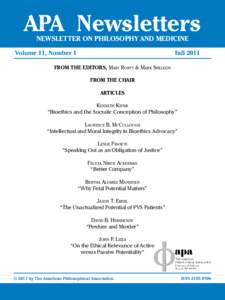 APA Newsletters NEWSLETTER ON PHILOSOPHY AND MEDICINE Volume 11, Number 1