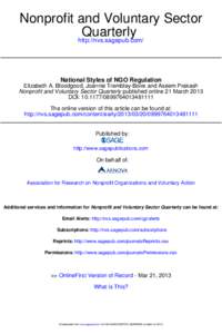 Nonprofit and Voluntary Sector Quarterly http://nvs.sagepub.com/ National Styles of NGO Regulation Elizabeth A. Bloodgood, Joannie Tremblay-Boire and Aseem Prakash