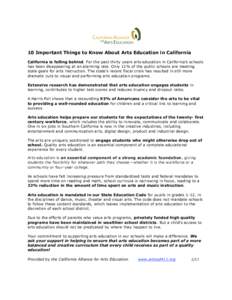 10 Important Things to Know About Arts Education in California California is falling behind. For the past thirty years arts education in California’s schools has been disappearing at an alarming rate. Only 11% of the p