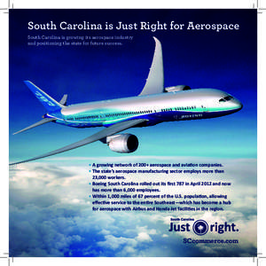 South Carolina is Just Right for Aerospace South Carolina is growing its aerospace industry and positioning the state for future success. • A growing network of 200+ aerospace and aviation companies. • The state’