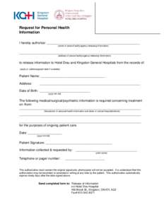 AUTHORIZATION FOR RELEASE OF PERSONAL HEALTH INFORMATION