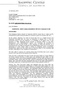 SmoPPII{G CEn+TRE COUNCIL OF AUSTRALIA 11 February 2011 Project Manager Retail Leases Amendment Bill Consultation Draft Fair Trading Policy