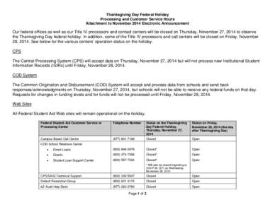 Thanksgiving Day Federal Holiday Processing and Customer Service Hours Attachment to November 2014 Electronic Announcement Our federal offices as well as our Title IV processors and contact centers will be closed on Thur