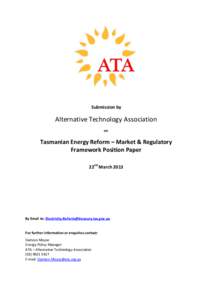 Submission by  Alternative Technology Association on  Tasmanian Energy Reform – Market & Regulatory
