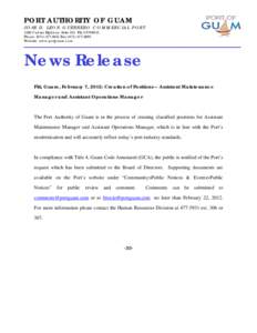PORT AUTHORITY OF GUAM JOSE D. LEON GUERRERO COMMERCIAL PORT 1026 Cabras Highway, Suite 201 Piti, GU[removed]Phone: ([removed]Fax: ([removed]Website: www.portguam.com