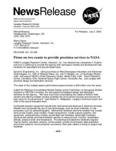 NewsRelease National Aeronautics and Space Administration Langley Research Center Hampton, Virginia[removed]