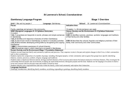 St Lawrence’s School, Coonabarabran - Stage 1 Scope and Sequence