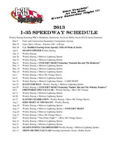 2013 I-35 Speedway Schedule Weekly Racing Featuring IMCA Modifieds, Sportmods, Stocks & Hobby Stocks PLUS Grand Nationals Mar 9 Mar 23 Mar 30