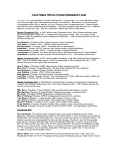 CALIFORNIA TRIPLE CROWN COMEBACKS 2004 You did it! YOU have become a CalTripleCrown Finisher! Congrats to all! YOU have overcome so many factors that you can control; like conditioning, nutrition, and hydration. Beyond t