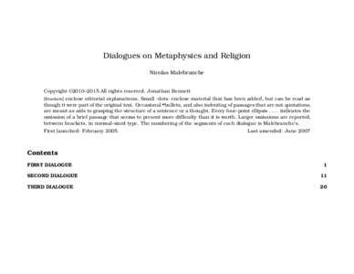 Dialogues on Metaphysics and Religion Nicolas Malebranche Copyright ©2010–2015 All rights reserved. Jonathan Bennett [Brackets] enclose editorial explanations. Small ·dots· enclose material that has been added, but 