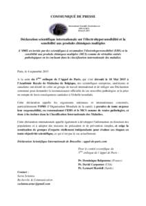 COMMUNIQUÉ DE PRESSE International Scientific Declaration on EHS & MCS BrusselsDéclaration scientifique internationale sur l’électrohypersensibilité et la