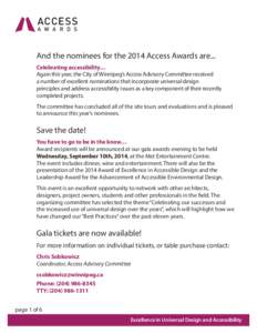 ACCESS A W A R D S Excellence in Universal Design and Accessibility  And the nominees for the 2014 Access Awards are...