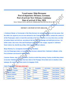 pe r Vessel name: Ship Hermann Port of departure: Bremen, Germany Port of arrival: New Orleans, Louisiana