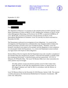 U.S. Department of Labor  Office of Labor-Management Standards Division of Enforcement Washington, DC[removed]0143 Fax: ([removed]