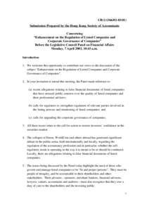 CB[removed]) Submission Prepared by the Hong Kong Society of Accountants Concerning “Enhancement on the Regulation of Listed Companies and Corporate Governance of Companies” Before the Legislative Council Pane