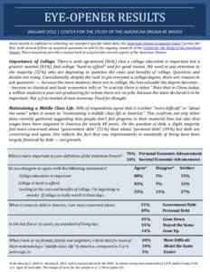 EYE-OPENER RESULTS JANUARY 2012 | CENTER FOR THE STUDY OF THE AMERICAN DREAM AT XAVIER Every month, in addition to collecting our standard specific Index data, the American Dream Composite Index™ probes further, with s