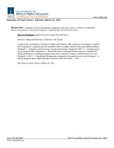 www.abhe.org  Summary of Final Actions: Effective March 25, 2013 PROBATION – Institution fails to demonstrate compliance with one or more Conditions of Eligibility and/or Comprehensive Integrated Standards. Sanction ma